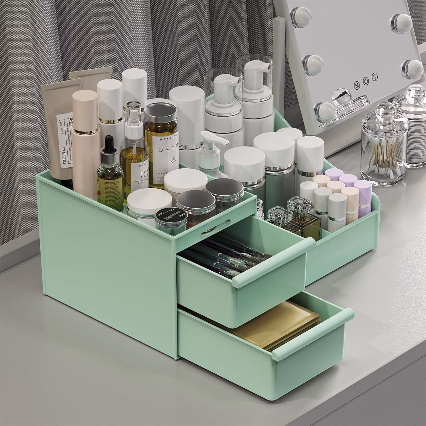 Organizzatore per cosmetici con cassetti, colore verde, in ABS, ideale per il tavolo da trucco o il bagno