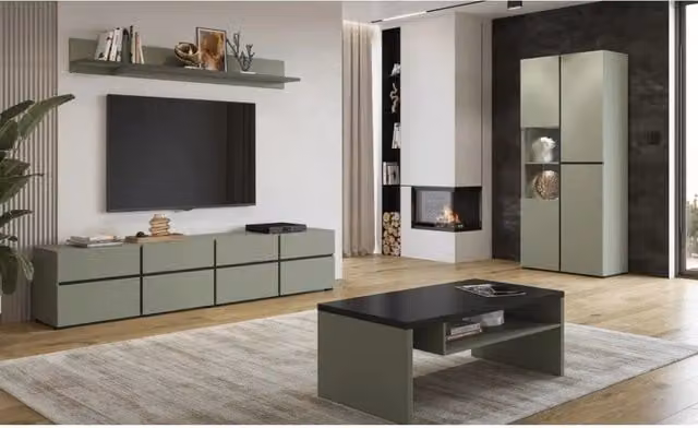 Set di 4 mobili collezione HAVANA colore verde salvia. Mobile TV XL, vetrina, tavolino, scaffale