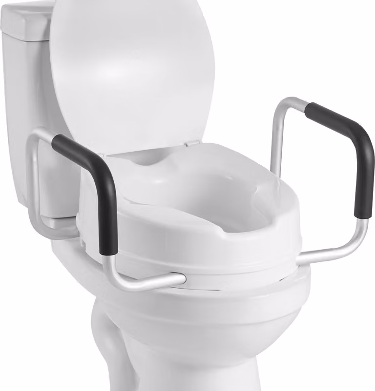 Sollevatore per sedile del water - Attacco per sedile del water con coperchio - 10 cm di rialzo - Maniglie imbottite - 136 kg di portata - Per anziani e donne in gravidanza - Montaggio senza attrezzi