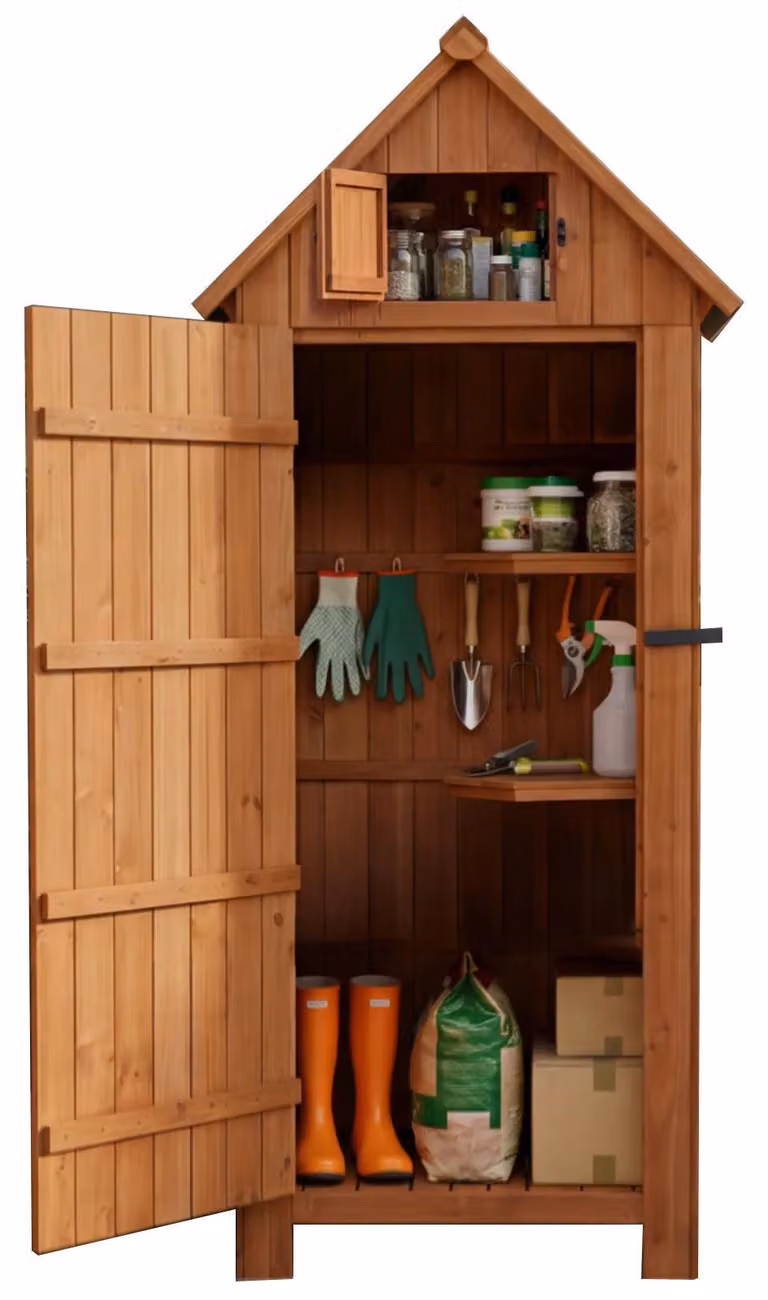 Armadietto da giardino in legno - Deposito attrezzi - Abete, impermeabile con protezione UV, con base e ripiano, capacità 30 kg, dimensioni 77x54,3x179 cm - Colore naturale