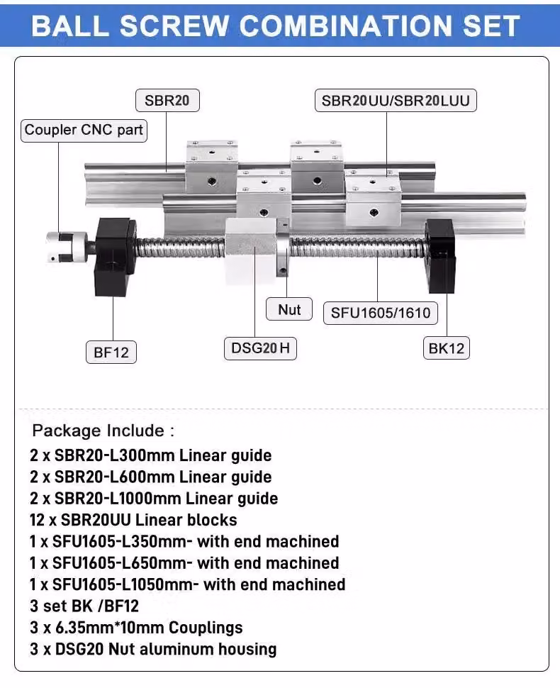 Set di guide lineari, movimento preciso, costruzione robusta, modello SBR20, lunghezze disponibili: 300/600/1000 mm