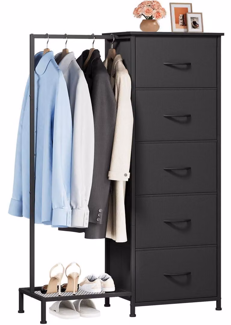 Comodino con 5 cassetti in tessuto e asta appendiabiti, colore nero, dimensioni 79x114,5 cm