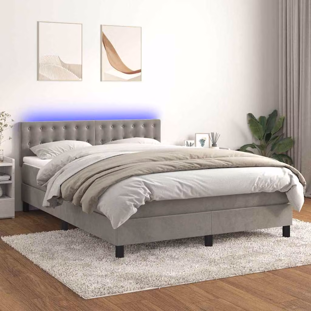Letto Ibrido con Materasso e LED vidaXL in Velluto Grigio Chiaro L/P/H: 193 x 144 x 88 cm – 1