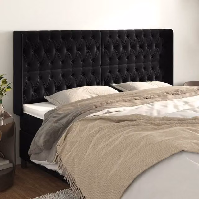 Testiera ad Orecchio-Testata con Orecchie Nera 183x16x118/128 cm in Velluto 280442