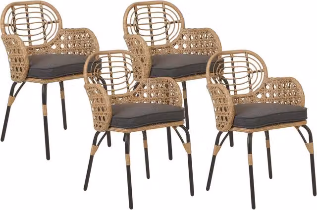Set di 4 sedie in rattan con cuscino di seduta e poggia braccia naturale intrecciato stile boho esterni interni