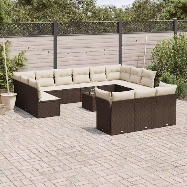 Set di Divani da Giardino VIDAXL a Forma di U in Polyrattan Marrone con 14 Pezzi e Cuscini Inclusi