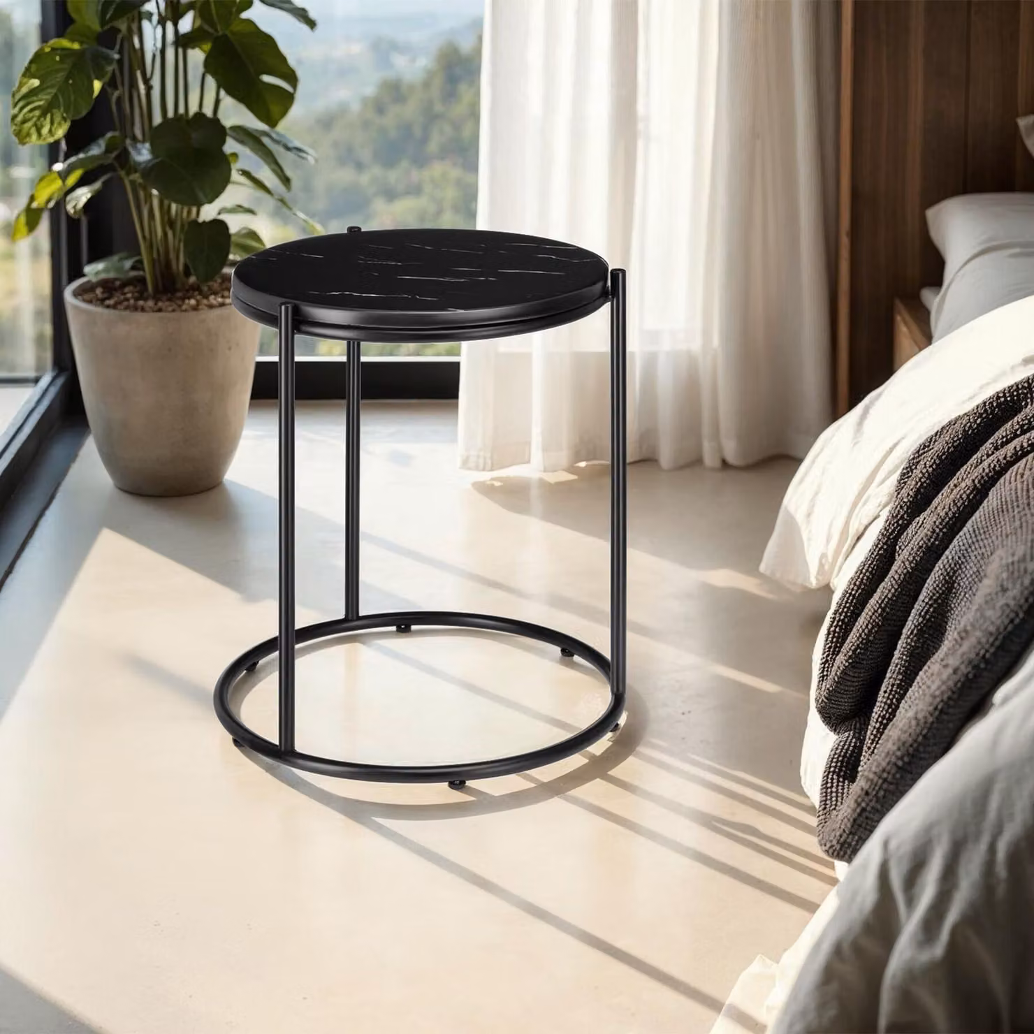 Tavolino rotondo Tectake Ellsa con piano effetto marmo e telaio in metallo nero opaco – 3