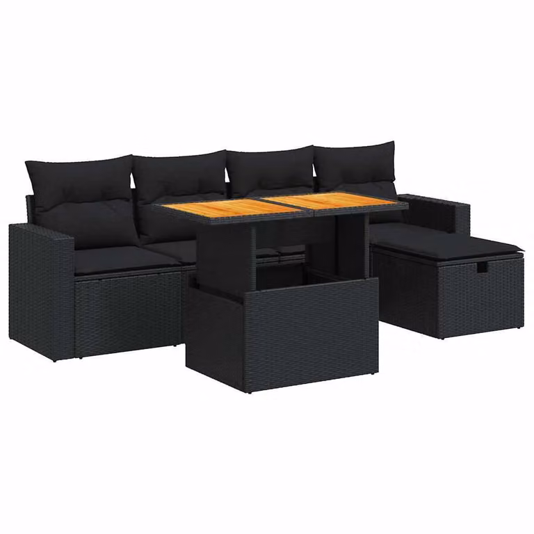 Set Divano da Giardino 6 pz con Cuscini Nero Polyrattan Acacia