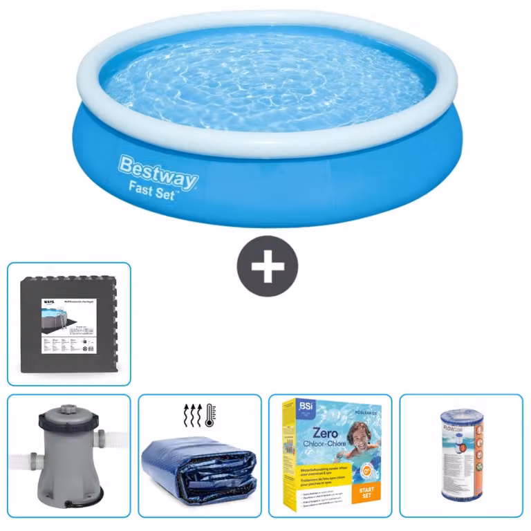 Piscina gonfiabile rotonda Bestway ad ambientazione rapida - 366 x 76 cm - blu - inclusa pompa tenda - pacchetto manutenzione - filtro - pavimento in piastrelle