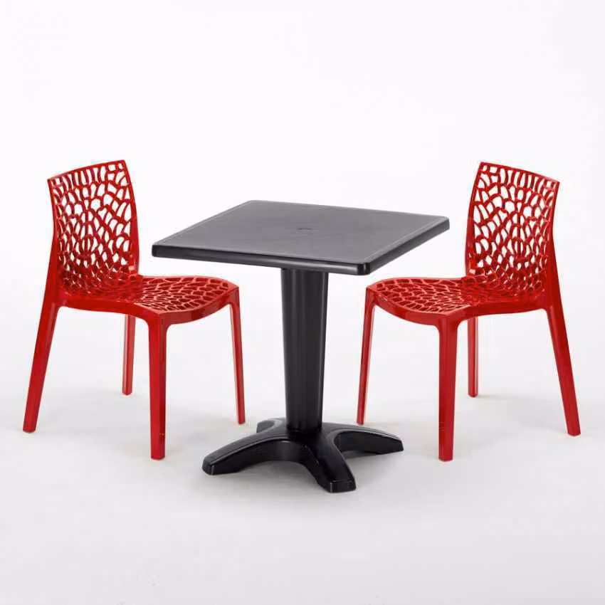Tavolo quadrato nero e 2 sedie Set di aste per interni in polipropilene colorato Grand Soleil Gruvyer Aia - Rosso