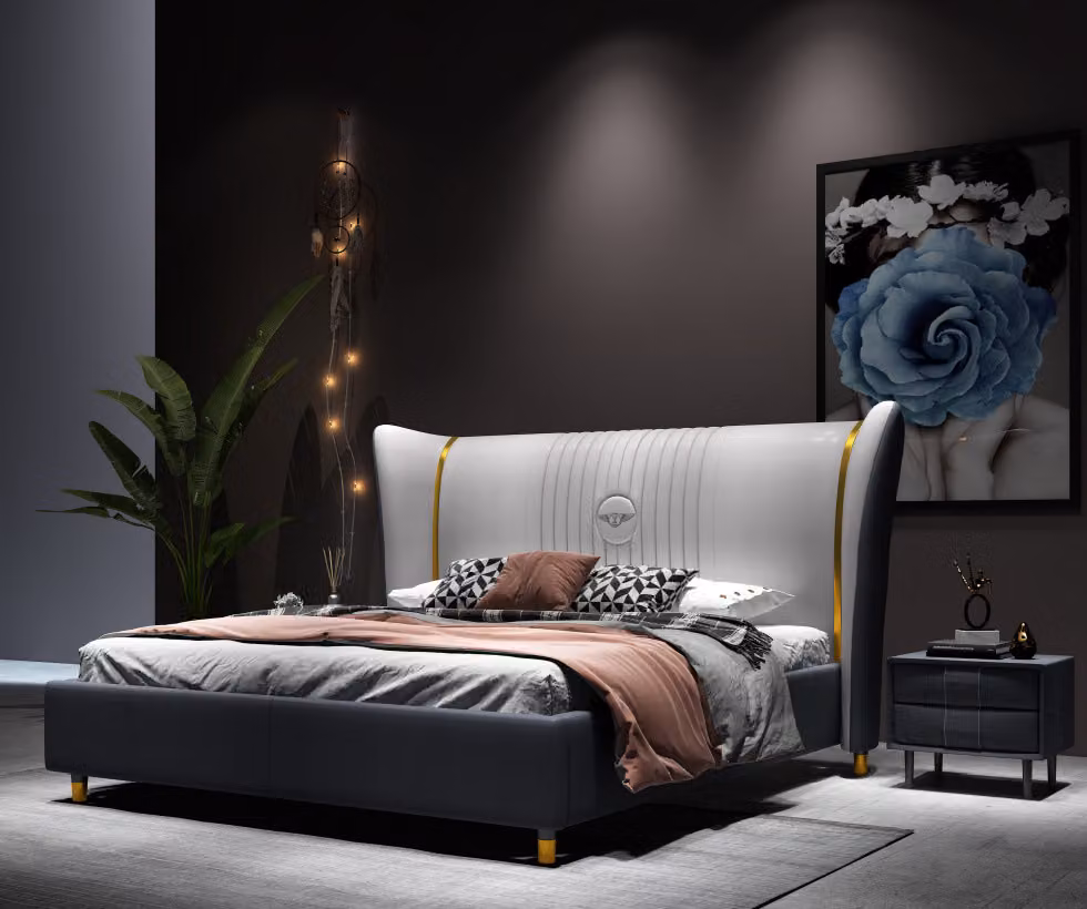 Designer Doppelbett Bett Hotel Luxus Schlafzimmer 150/180x200cm Leder Metall