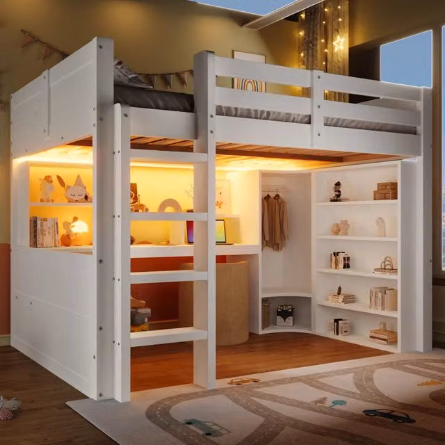 Letto a soppalco OKWISH una piazza e mezza in legno e MDF bianco con illuminazione LED, armadio, scrivania e 3 cassetti, L/P/H: 204.5 x 140 x 148 cm – 1