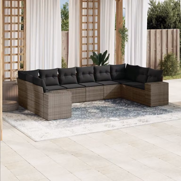 vidaXL Set Divano da Giardino a L 10 pz in Polyrattan Grigio con Cuscini Imbottiti e Rivestimenti Rimovibili