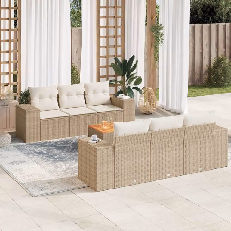 Set Divani da Giardino vidaXL 7 pz con Cuscini Beige e Tavolino in Polyrattan e Acciaio