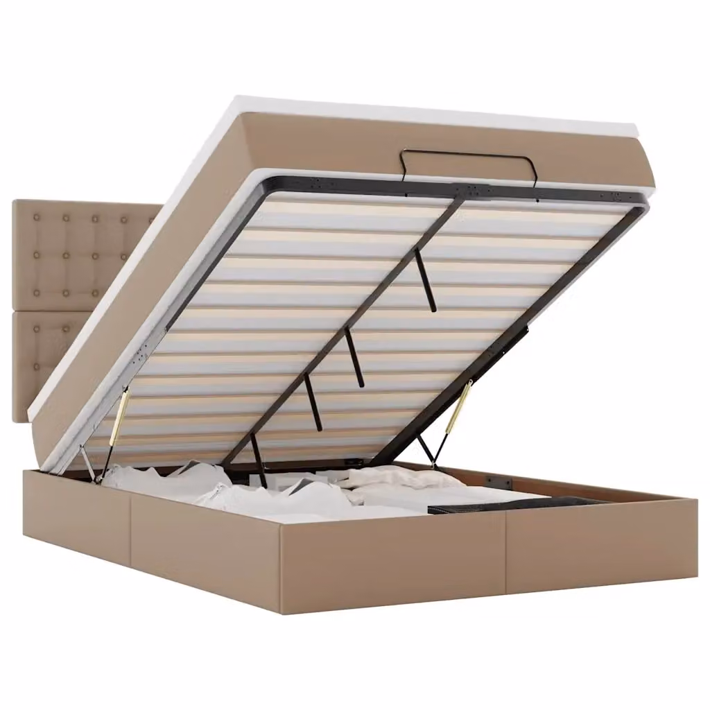 Letto con contenitore a sollevamento e materasso vidaXL in similpelle beige e bianco, L/P/H: 193 x 144 x 128 cm – 2