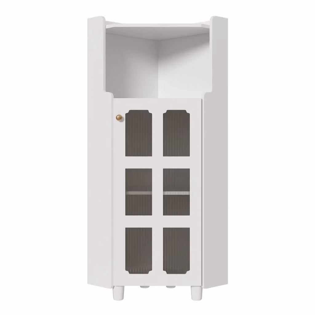 Armadio Angolare Minimal Bianco Lucido con LED e Ante in Vetro per Soggiorno e Bagno L/P/H: 63,5 x 63,5 x 124 cm – 2