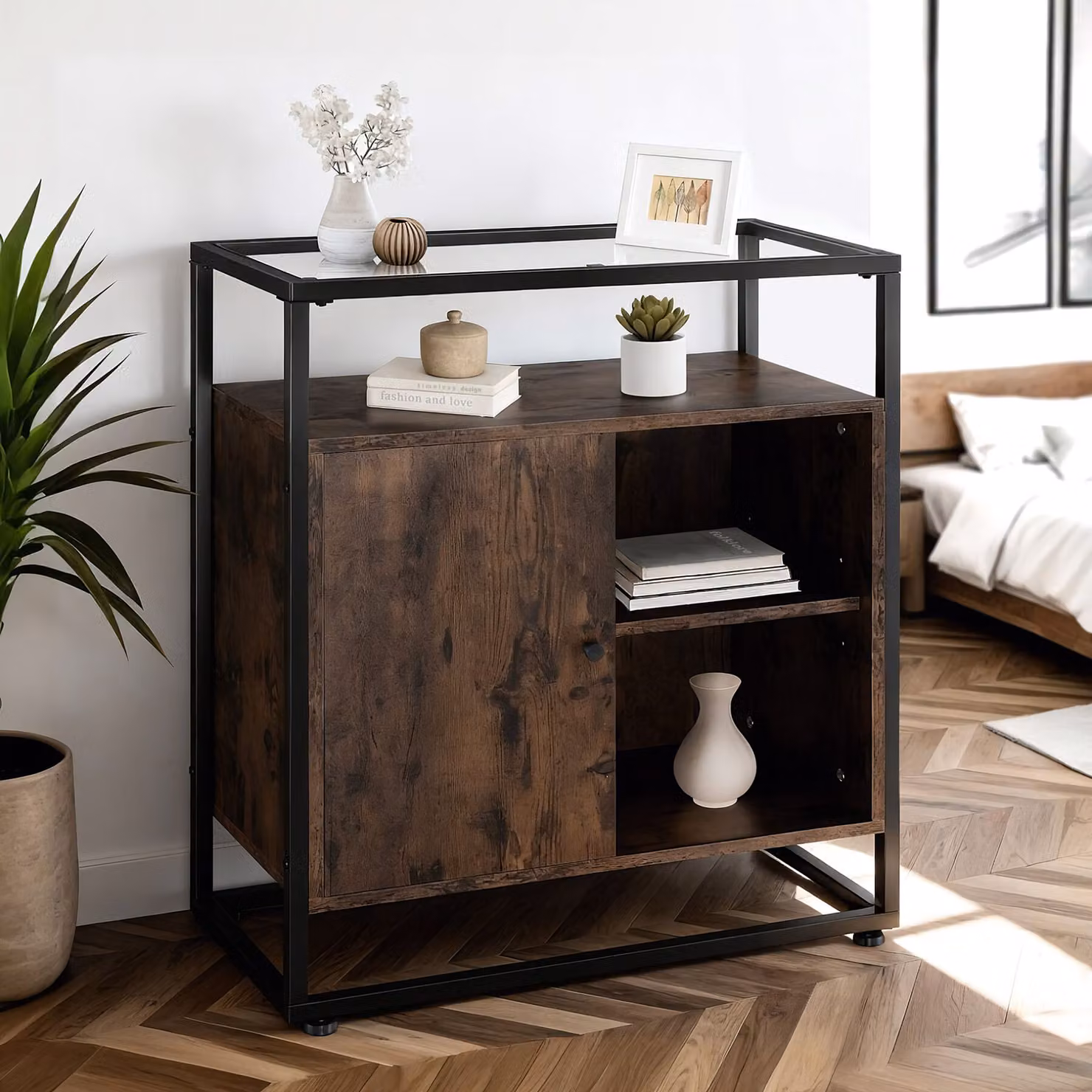 Cassettone Conventry TecTake in stile industriale color marrone con top in vetro e finitura opaca L: 70 cm, P: 38 cm, H: 80,5 cm – 3