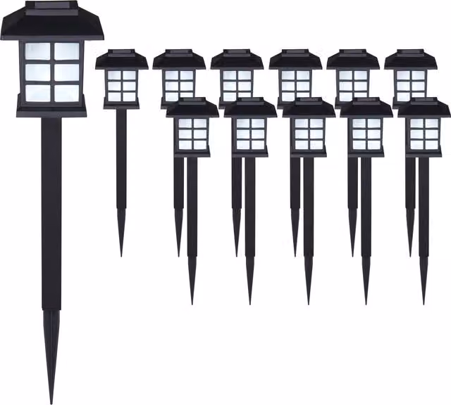 Set di 12 lampade solari a LED Monzana nere con sensore crepuscolare e picchetto per giardino, terrazzo e balcone