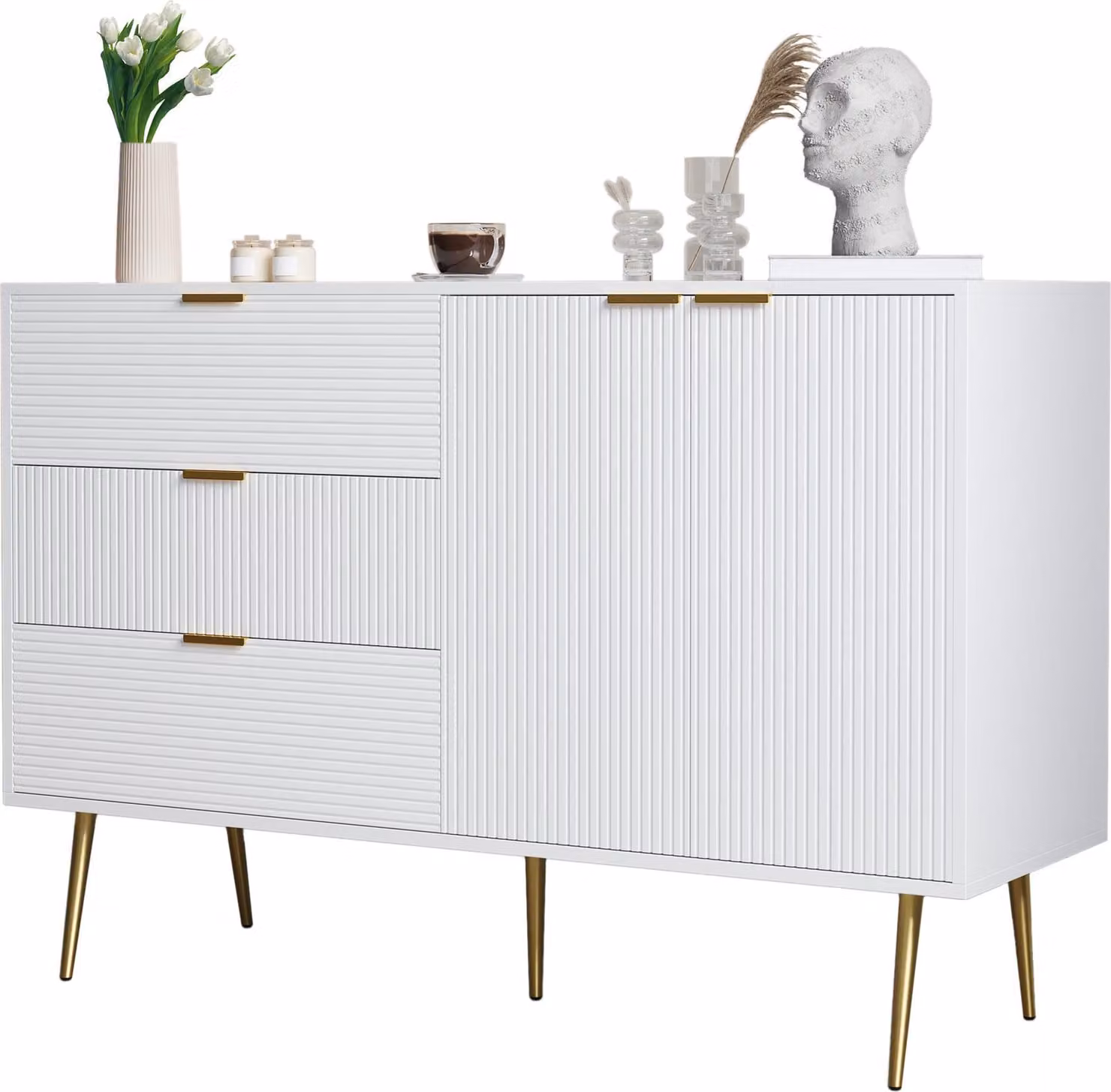 Credenza Sweiko, mobile da soggiorno con ante e cassetti, ripiani interni, cassettiera con maniglie e gambe dorate