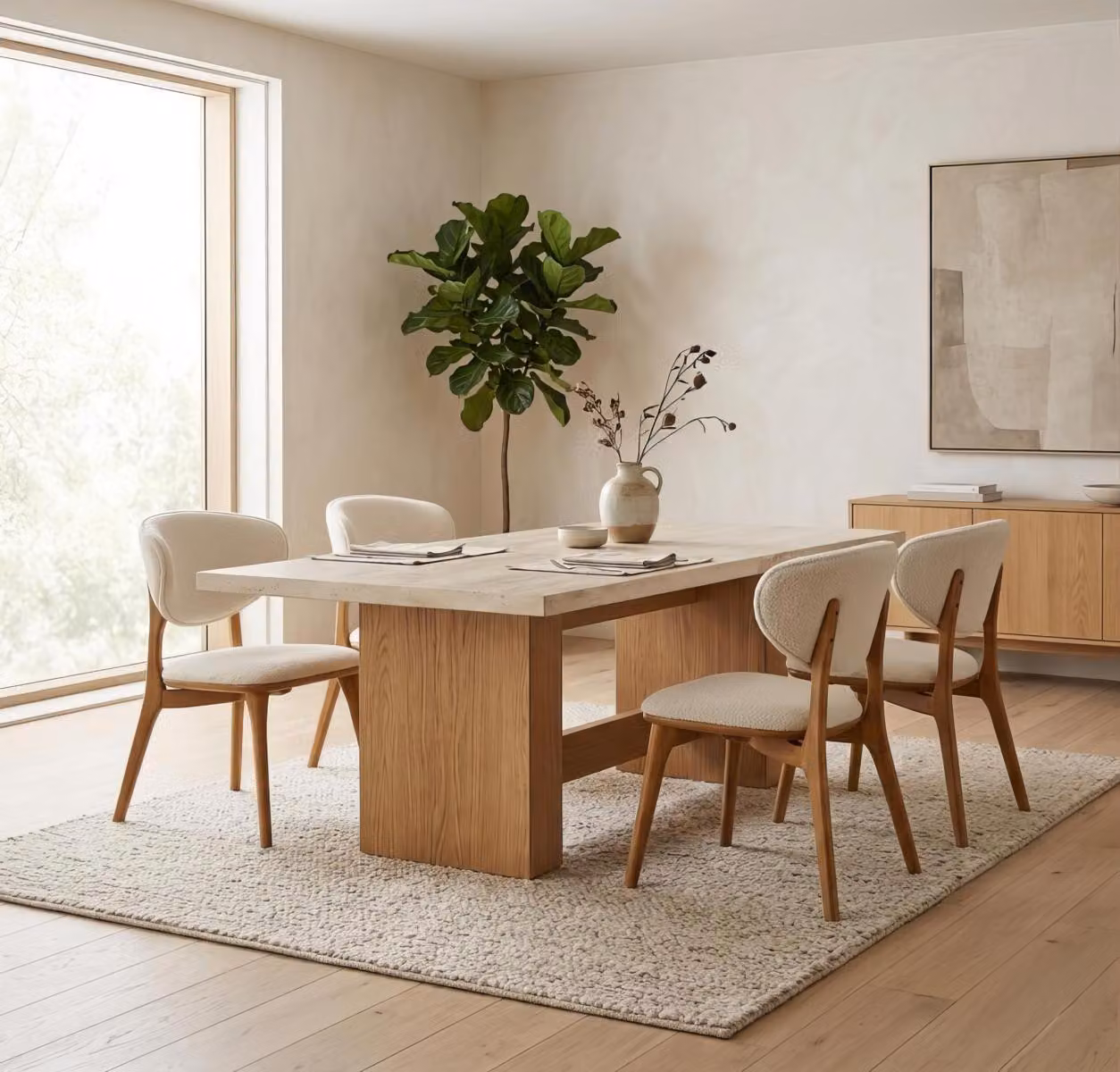 Set per sala da pranzo: tavolo, sedie, design moderno, beige, elegante, lussuoso