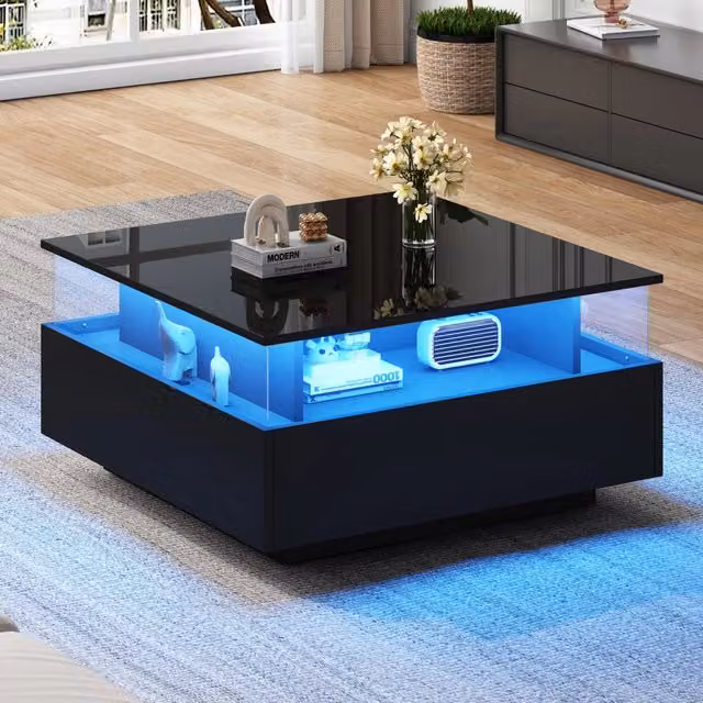 Tavolino basso Mivray nero con LED regolabili, 2 cassetti e vano in vetro, L: 70 cm, P: 70 cm, H: 41 cm