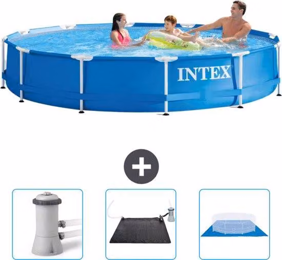 Piscina a forma circolare - 366 x 76 cm - Blu - Accessori inclusi: pompa per piscina, pannello solare, telo protettivo per il fondo