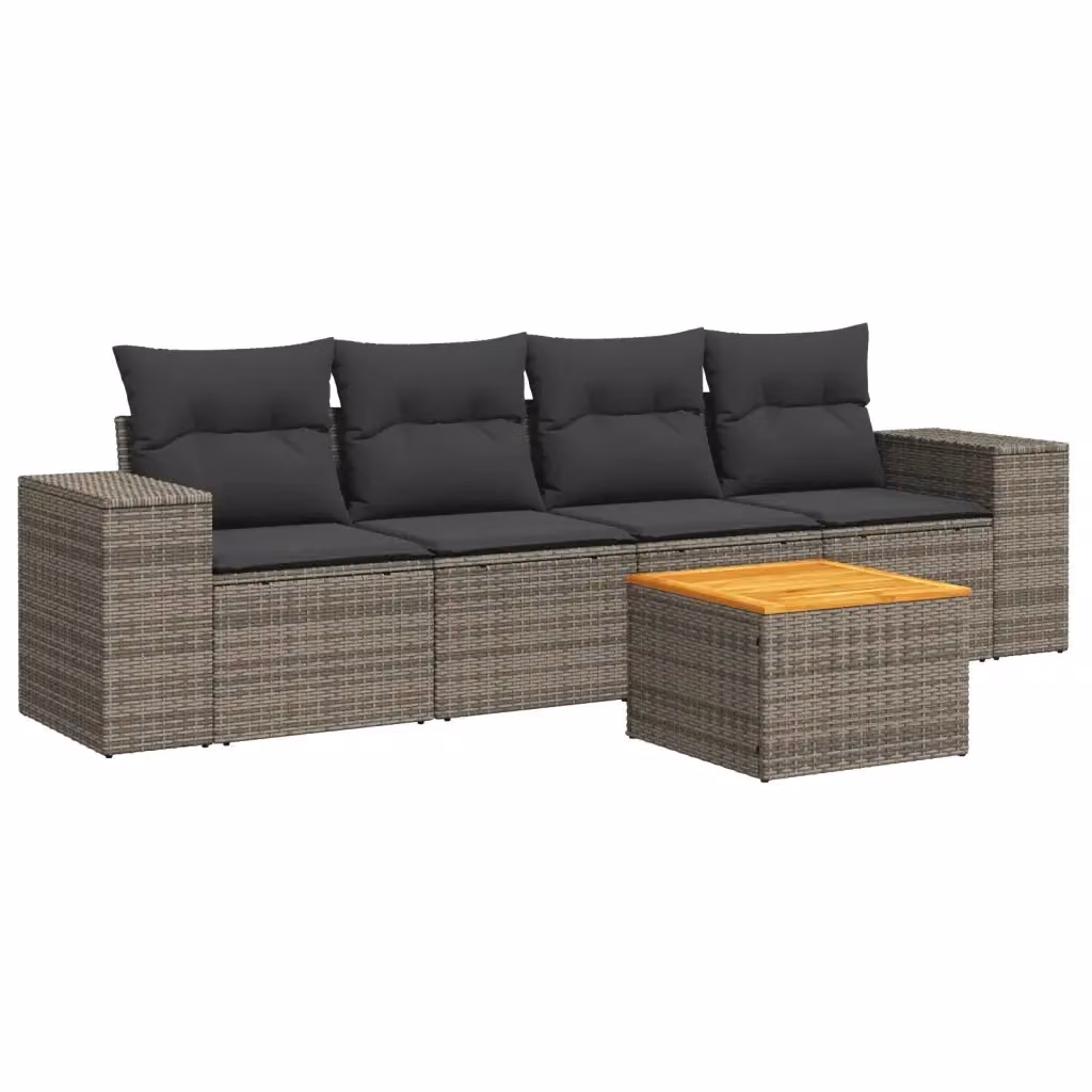 vidaXL Set Divano da Giardino 5 pz in Polyrattan Grigio con Cuscini e Tavolino – 2