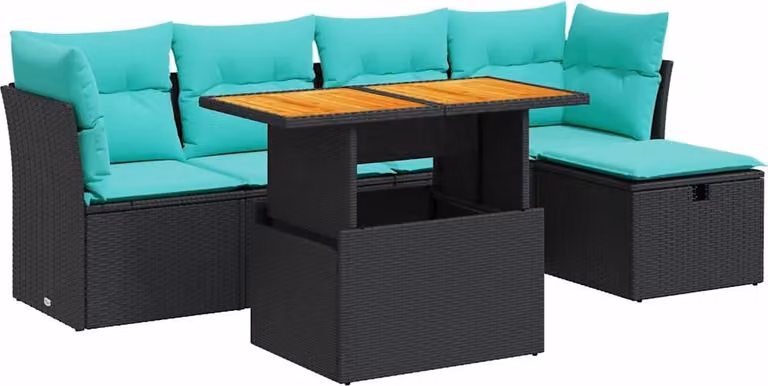 Set Divano da Giardino 6 pz con Cuscini Nero Polyrattan Acacia
