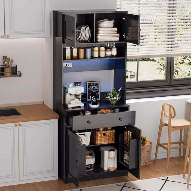 Colonna da cucina con LED RGB e presa integrata con grande cassetto e vani aperti in MDF nero 72 × 40 × 180 cm