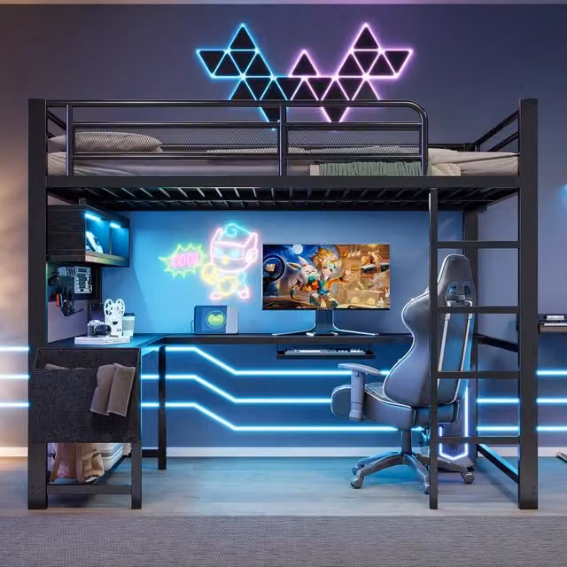 Letto a soppalco 140x200 con scrivania; LED 7 colori e prese; metallo e MDF nero per cameretta