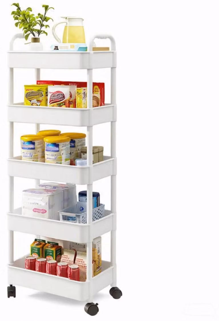 Carrello portaoggetti su ruote - Carrello da cucina a 5 ripiani - Scaffale stretto su ruote - Ruote girevoli a 360° - Cesti in plastica con struttura in metallo - Adatto per cucina e lavanderia - Bianco