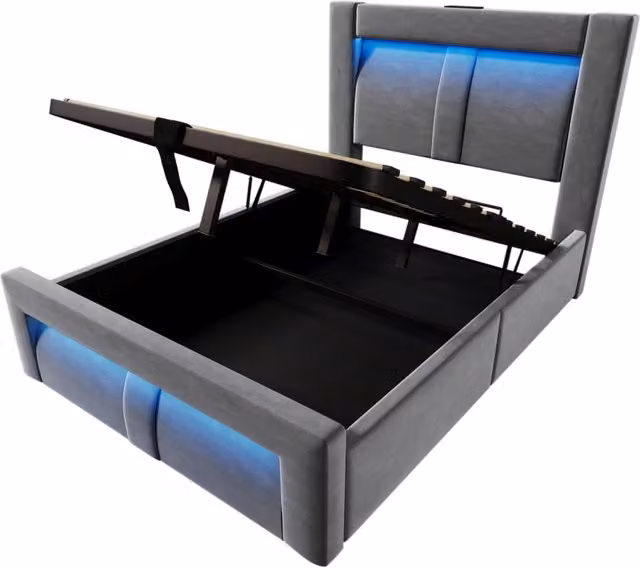 Letto singolo 90x200 cm con contenitore, illuminazione LED con controllo app, ricarica USB e Type-C, rivestimento in velluto grigio, con materasso incluso