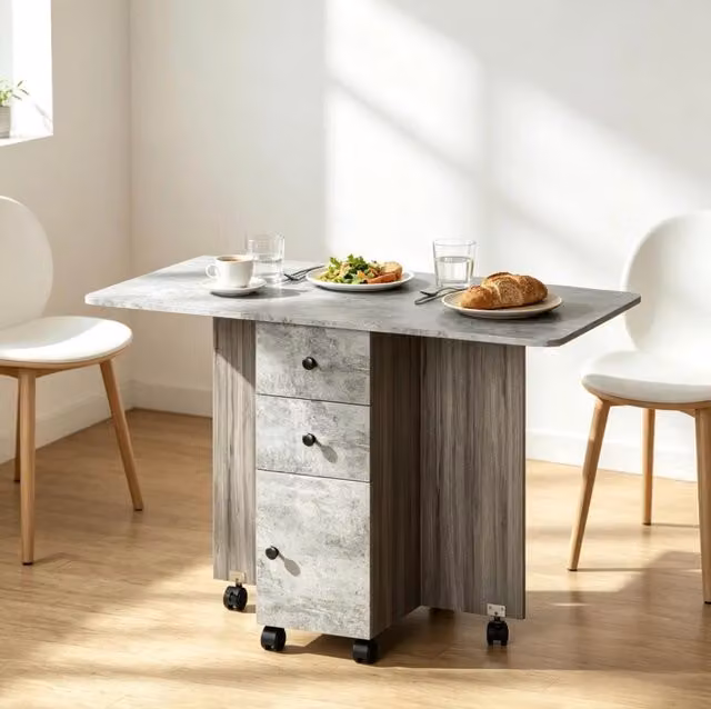 Tavolo da Pranzo Pieghile Grigio in Truciolato con Cassetti e Ruote, Compatto e Multifunzionale
