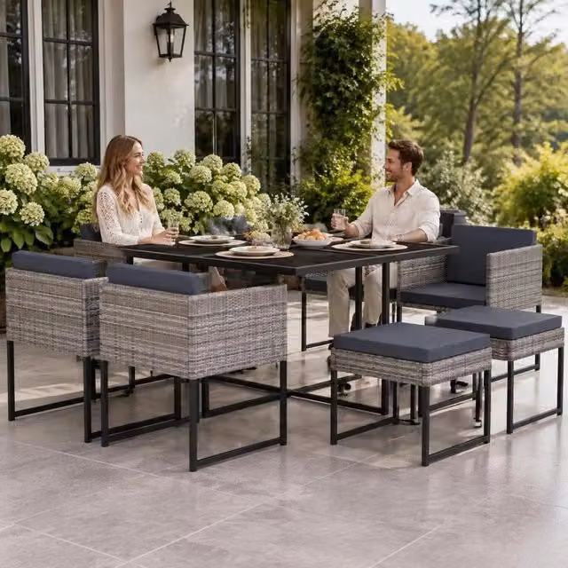 9-piece Garden Dining Set With Cushions, Poly Rattan, Grey