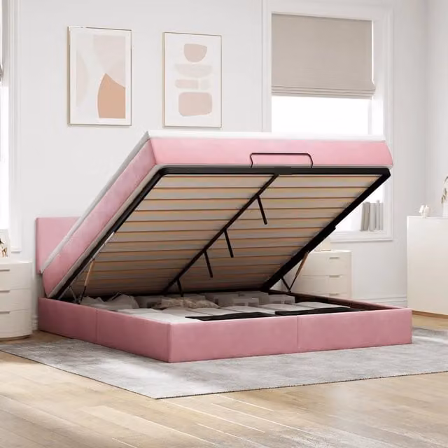 Letto con contenitore a sollevamento vidaXL in velluto rosa e bianco L/P: 180 x 200 cm