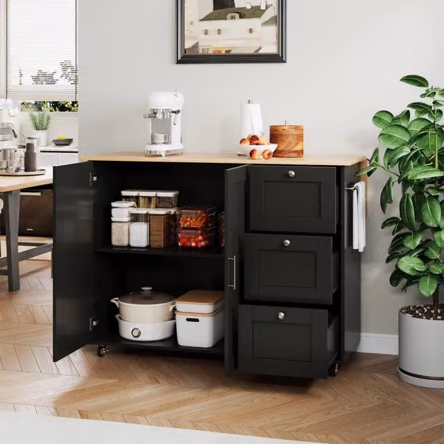 Isola cucina mobile con piano ribaltabile; MDF nero e legno naturale; 3 cassetti; 2 ante; 135 x 44 x 90 cm