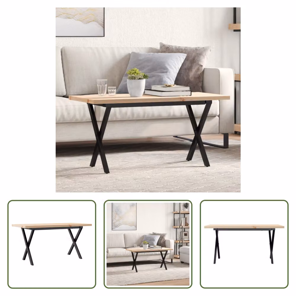 The Living Store tavolino X-frame 90x40x45,5cm in legno massiccio di pino e ghisa