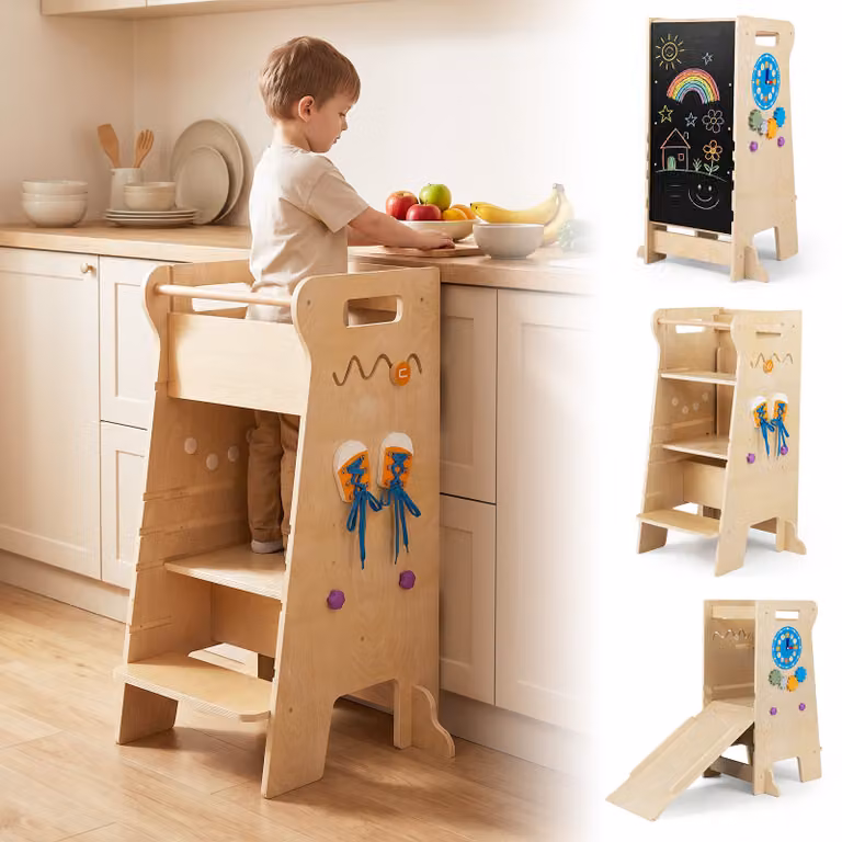 Costway 4 in 1 torre montessoriana per bambini con lavagna e scivolo scala sgabello da cucina in legno, Torretta di apprendimento per bambini 3+ anni
