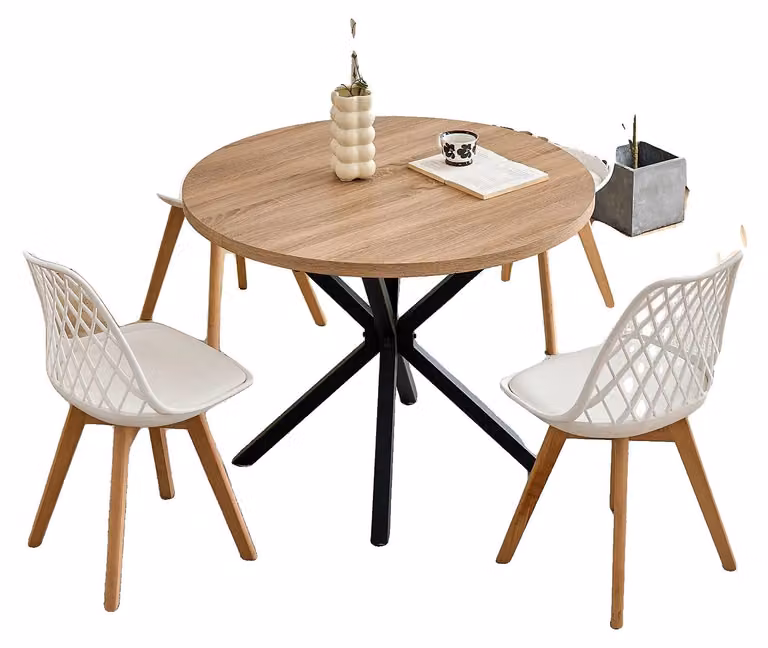 Set da pranzo, 4 sedie, tavolo rotondo, set bianco