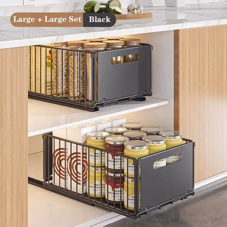 Contenitori per la cucina - Organizer estraibile per cassetti - Confezione da 2 pezzi grande - Metallo - Scaffale per spezie per bottiglie - Inserti per armadi - Verde chiaro