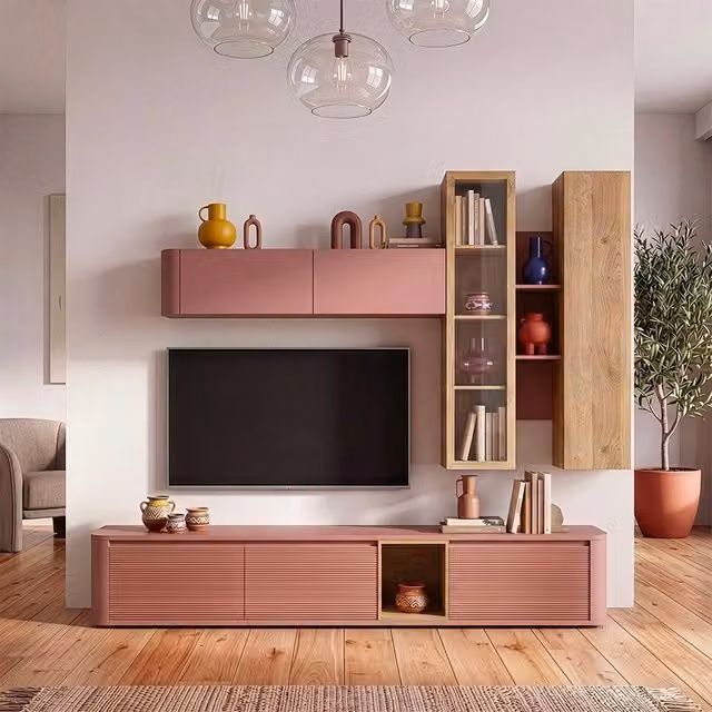 Parete attrezzata soggiorno Core Veriaffari con mobile basso, pensili e vetrina in rovere e terracotta – 1