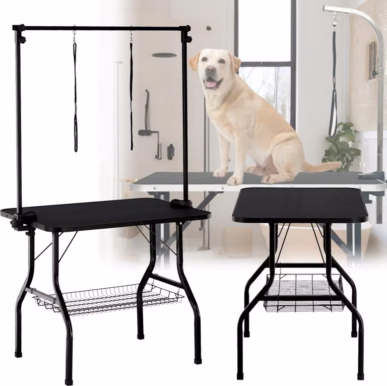 Tavolo da toelettatura per toelettatori veterinari con due guinzagli su un braccio regolabile, piano antiscivolo, cestino per accessori