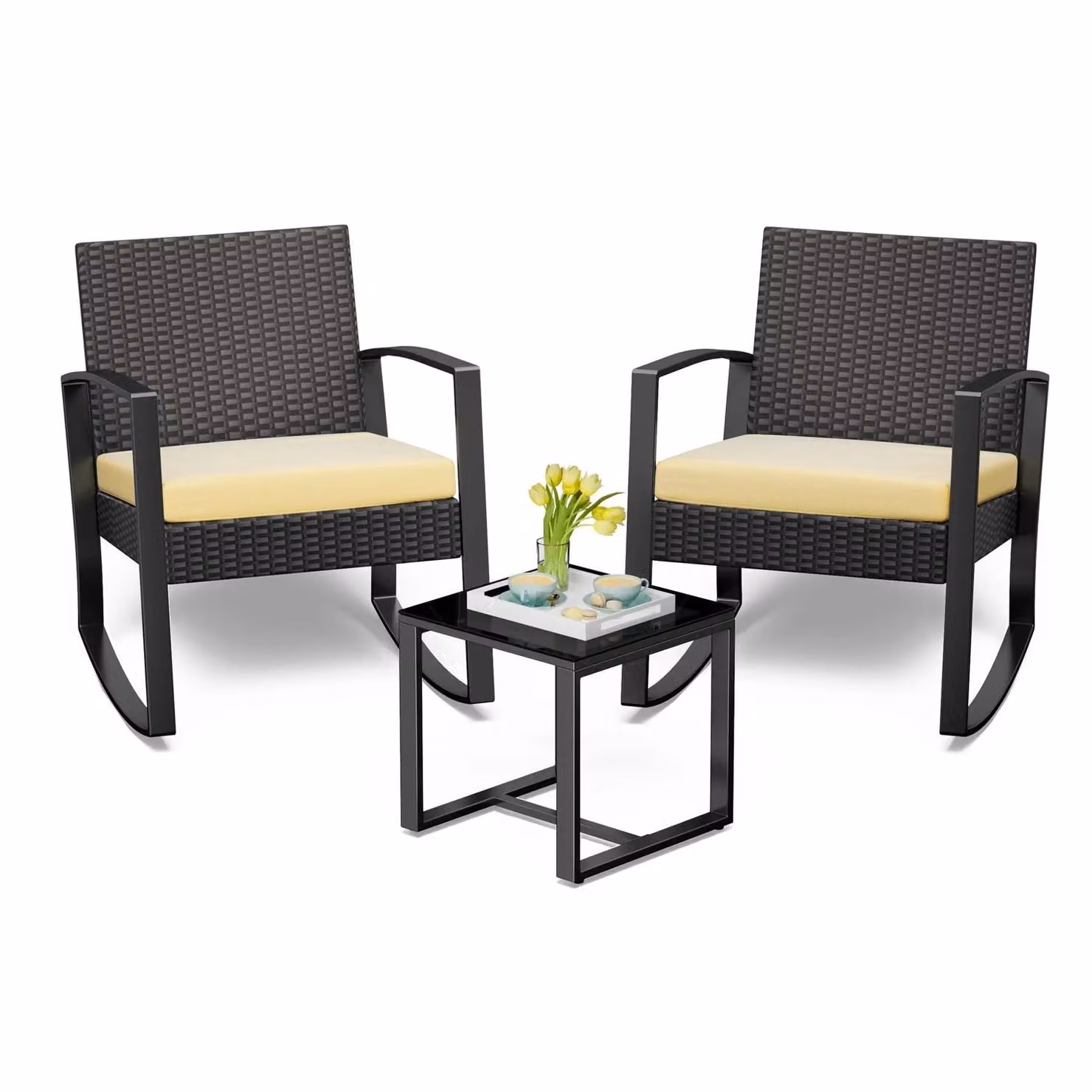 Set di mobili da giardino BEALIFE WR210, composto da 3 pezzi, realizzato in rattan di polietilene | Con cuscini rimovibili di colore giallo | Ideale per giardino e terrazza