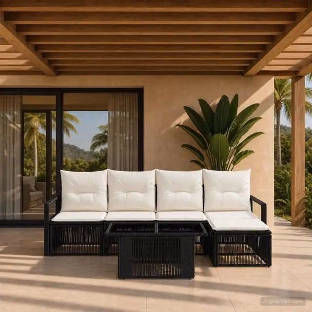 Set Divano da Giardino 6 pz Nero e Bianco Crema polyrattan 3437089