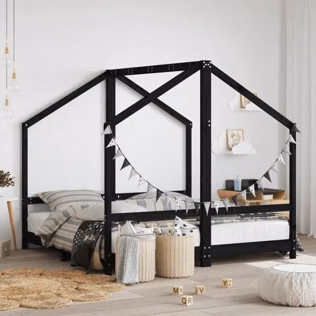 Giroletto per Bambini Nero 2x(80x160) cm Legno Massello di Pino 3200597
