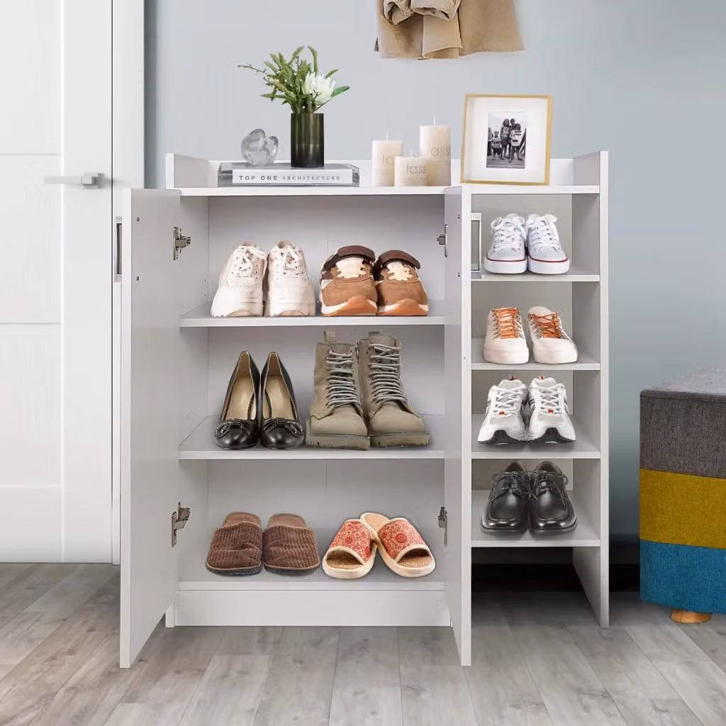 Scarpiera Design Mania con 2 ante e ripiani interni, mobiletto moderno bianco per ingresso, corridoio o soggiorno, L: 82.55 cm, P: 31.75 cm, H: 90.17 cm – 2