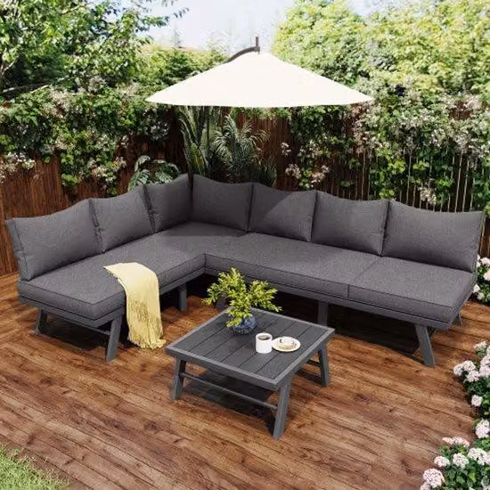 Set di mobili da giardino, salottino per 5-6 persone, 2 panche a 3 posti, 1 tavolo, con 7 cuscini grigi inclusi, struttura in acciaio zincato grigio scuro con piedini protettivi