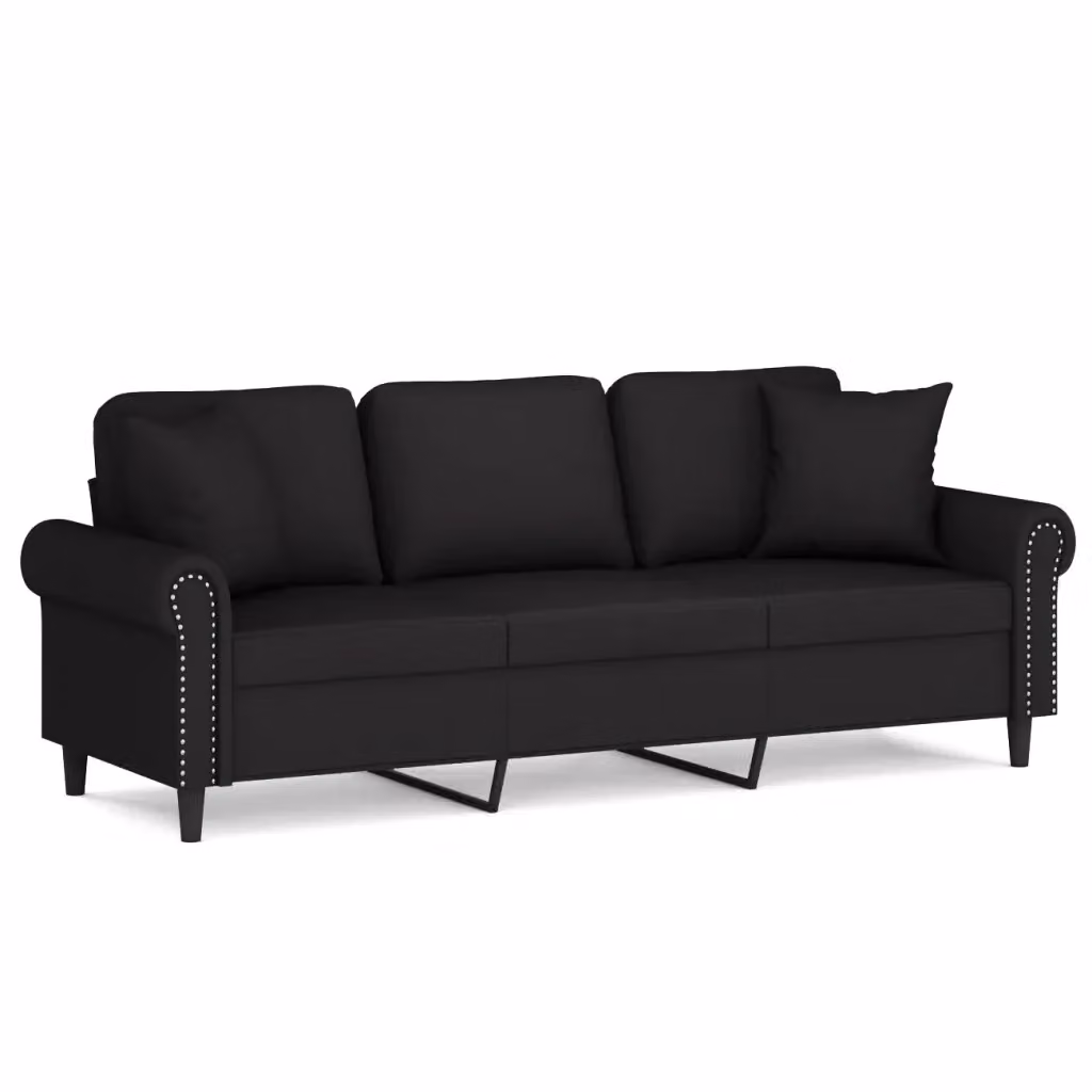 vidaXL Divano a 3 Posti Moderno in Velluto Nero con Cuscini e Struttura in Metallo L: 212 cm, P: 80 cm, H: 77 cm – 2