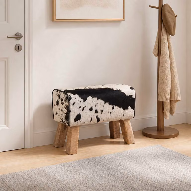 Panca vidaXL in legno di mango e pelle con stampa animal print, Nero e Bianco, L: 60 cm, P: 30 cm, H: 45 cm