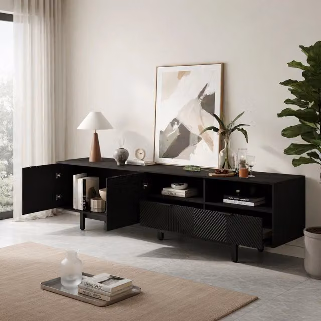 Cassettiera TV KOMHTOM nera con finitura opaca in legno e metallo per soggiorno L: 200 cm, P: 40 cm, H: 51 cm – 1
